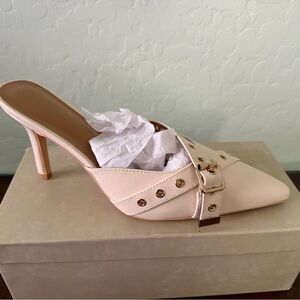 Cream Pointed-Toe Mule with Gold Buckle